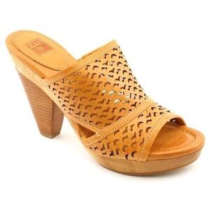 Frye Women's Brown Leather Cutout Mules - block clog heel - Fits 8-8.5